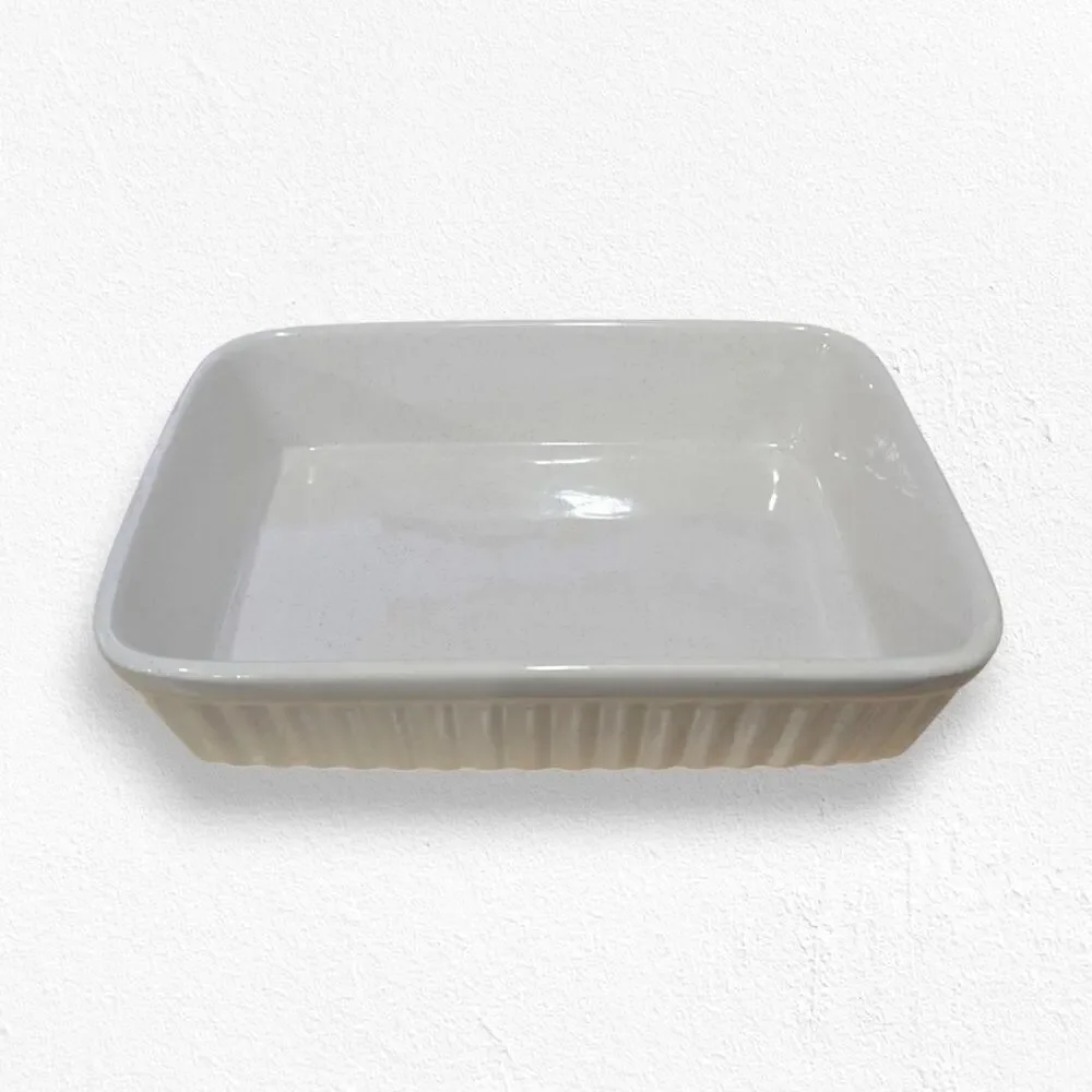 Vintage Stoneware Cream Speckled Japan Ribbed Mini Baking Dish Casserole Pan